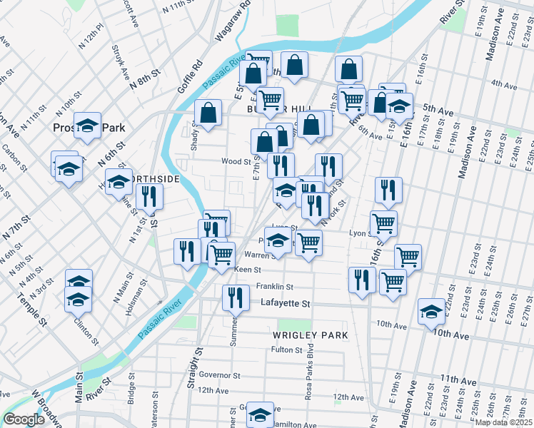 map of restaurants, bars, coffee shops, grocery stores, and more near 72 Lyon Street in Paterson