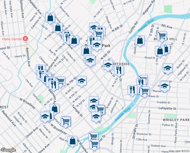 map of restaurants, bars, coffee shops, grocery stores, and more near in Paterson