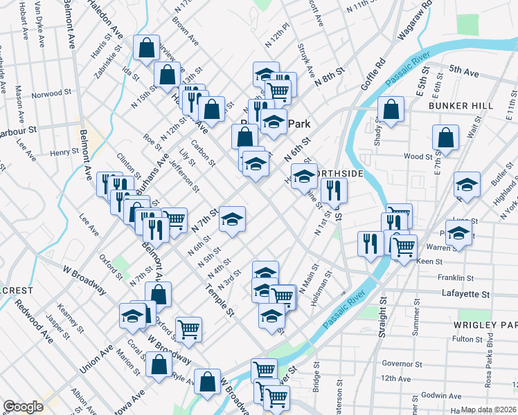 map of restaurants, bars, coffee shops, grocery stores, and more near 152 North 5th Street in Paterson