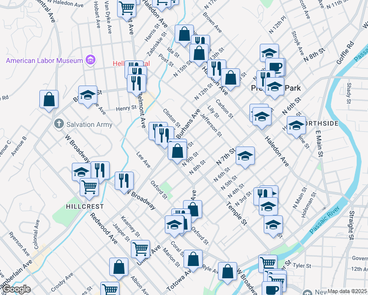 map of restaurants, bars, coffee shops, grocery stores, and more near 224 Temple Street in Paterson