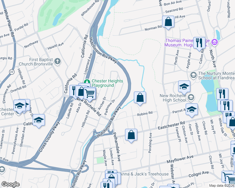 map of restaurants, bars, coffee shops, grocery stores, and more near 44 Parkview Drive in Bronxville