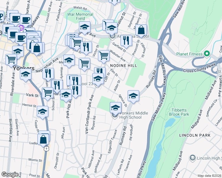 map of restaurants, bars, coffee shops, grocery stores, and more near 58 Cedar Street in Yonkers