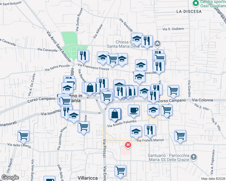 map of restaurants, bars, coffee shops, grocery stores, and more near Via Rione De Gasperi in Giugliano in Campania