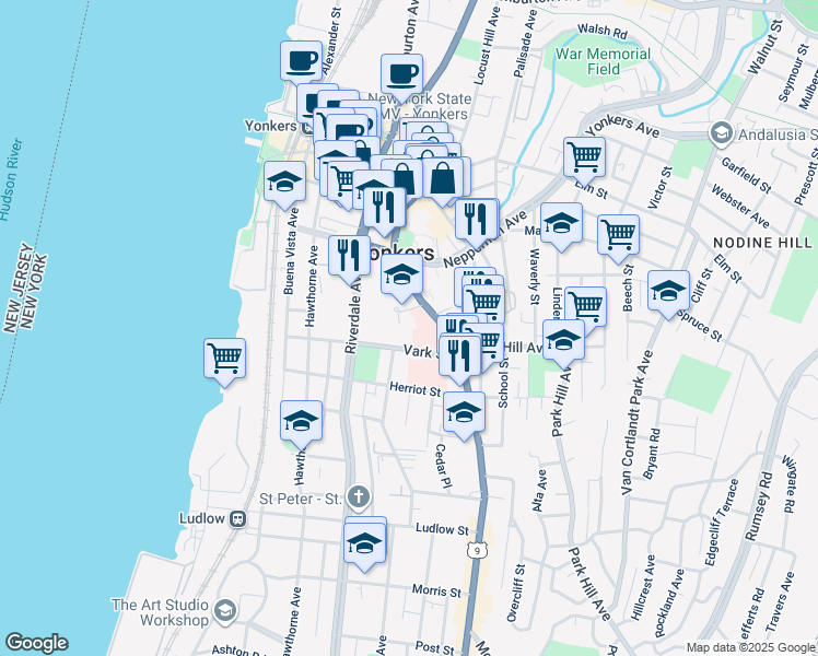 map of restaurants, bars, coffee shops, grocery stores, and more near 127 South Broadway in Yonkers