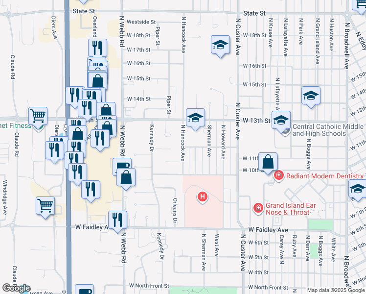 map of restaurants, bars, coffee shops, grocery stores, and more near 1099 N Hancock Ave in Grand Island