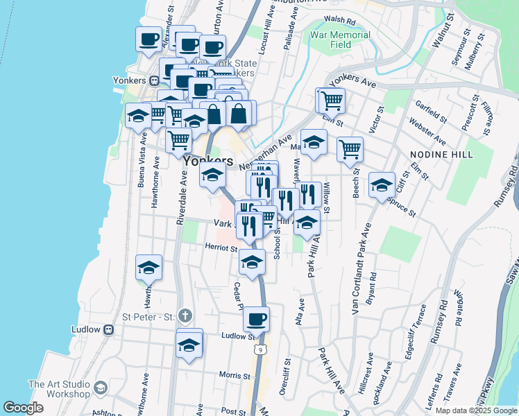 map of restaurants, bars, coffee shops, grocery stores, and more near 144 South Broadway in Yonkers