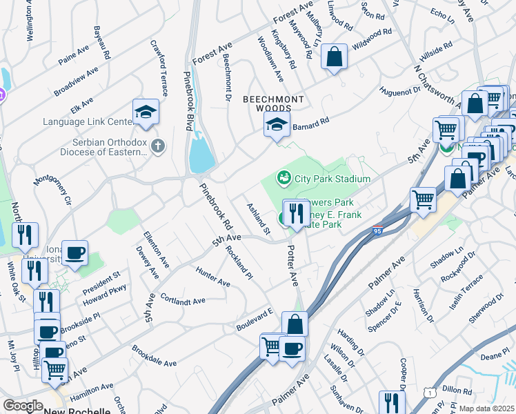 map of restaurants, bars, coffee shops, grocery stores, and more near 31 Ashland Street in New Rochelle