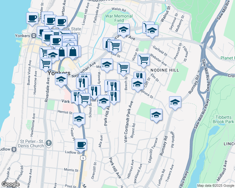 map of restaurants, bars, coffee shops, grocery stores, and more near 16 Mount Carmel Place in Yonkers
