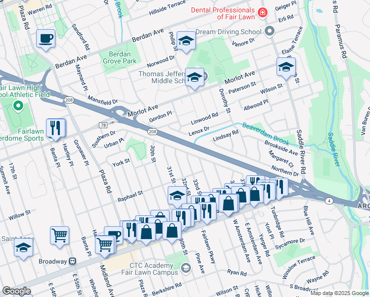 map of restaurants, bars, coffee shops, grocery stores, and more near 329 32nd Street in Fair Lawn