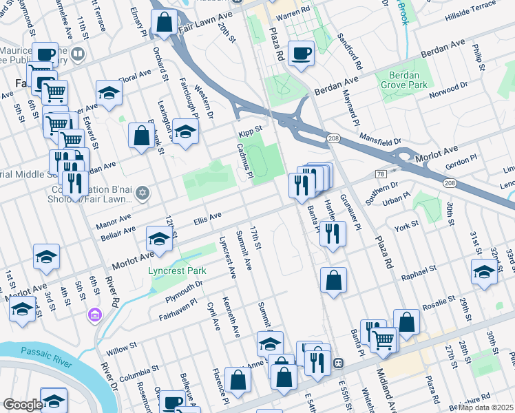 map of restaurants, bars, coffee shops, grocery stores, and more near 16-18 Morlot Avenue in Fair Lawn