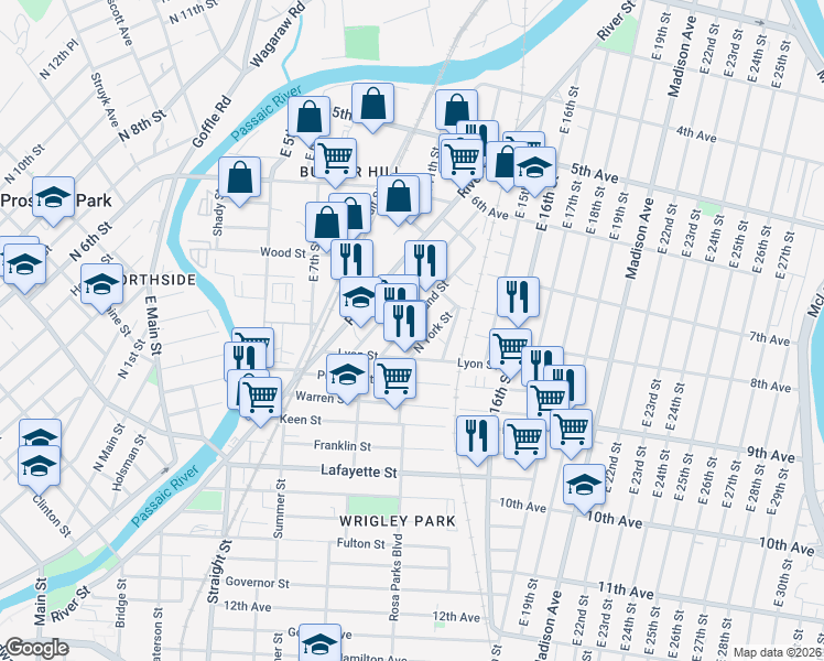 map of restaurants, bars, coffee shops, grocery stores, and more near 137 Lyon Street in Paterson
