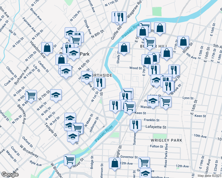 map of restaurants, bars, coffee shops, grocery stores, and more near 48 Bergen Street in Paterson