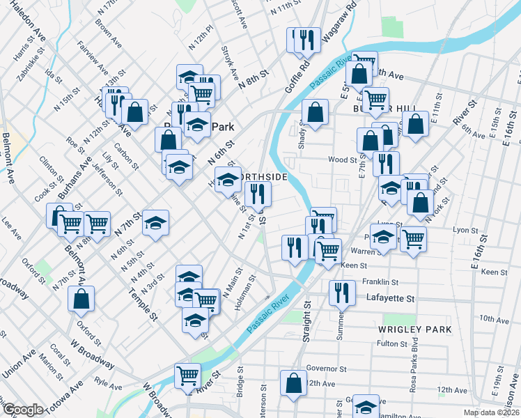 map of restaurants, bars, coffee shops, grocery stores, and more near 144 North 1st Street in Paterson