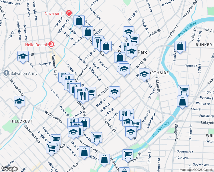 map of restaurants, bars, coffee shops, grocery stores, and more near 142 North 7th Street in Paterson