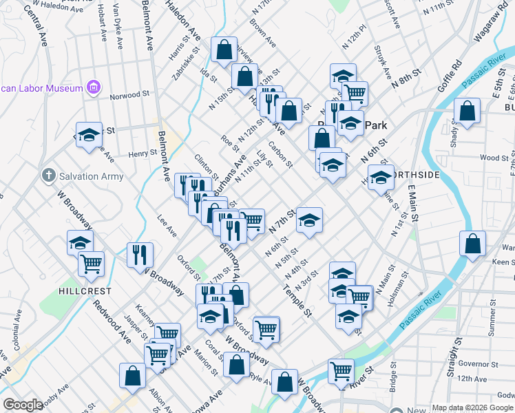 map of restaurants, bars, coffee shops, grocery stores, and more near in Paterson