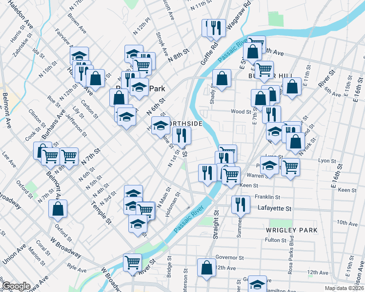 map of restaurants, bars, coffee shops, grocery stores, and more near 111 East Main Street in Paterson