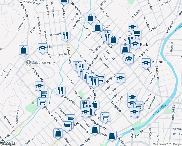 map of restaurants, bars, coffee shops, grocery stores, and more near 93 North 10th Street in Paterson