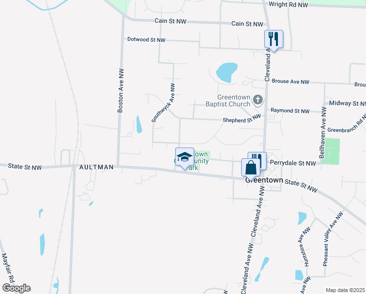 map of restaurants, bars, coffee shops, grocery stores, and more near 9880 Derbyshire Avenue Northwest in North Canton