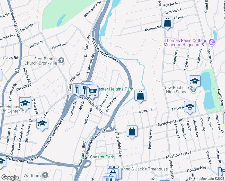 map of restaurants, bars, coffee shops, grocery stores, and more near 28 Archer Drive in Bronxville