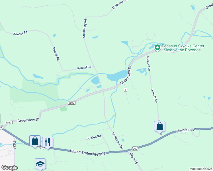 map of restaurants, bars, coffee shops, grocery stores, and more near Mcilhaney Road in Saylorsburg