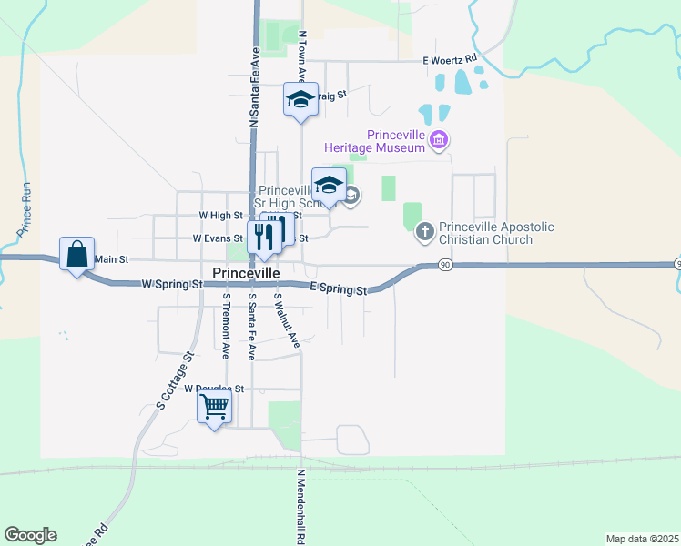map of restaurants, bars, coffee shops, grocery stores, and more near 504 East Main Street in Princeville
