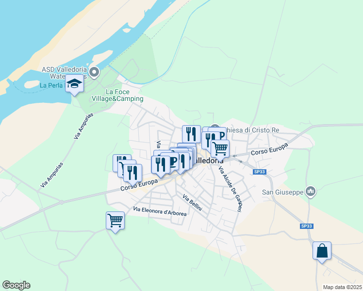 map of restaurants, bars, coffee shops, grocery stores, and more near 51 Via Ampurias in Valledoria