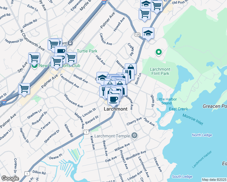 map of restaurants, bars, coffee shops, grocery stores, and more near 22 Chatsworth Avenue in Larchmont