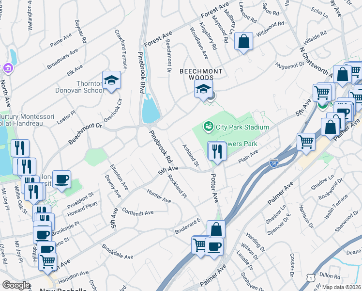 map of restaurants, bars, coffee shops, grocery stores, and more near 72 Chatsworth Place in New Rochelle