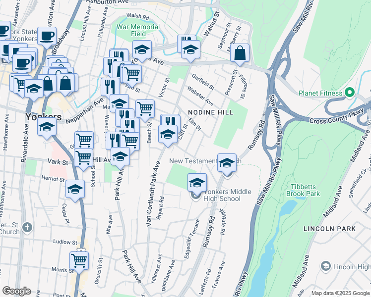 map of restaurants, bars, coffee shops, grocery stores, and more near 34 Cliff Street in Yonkers