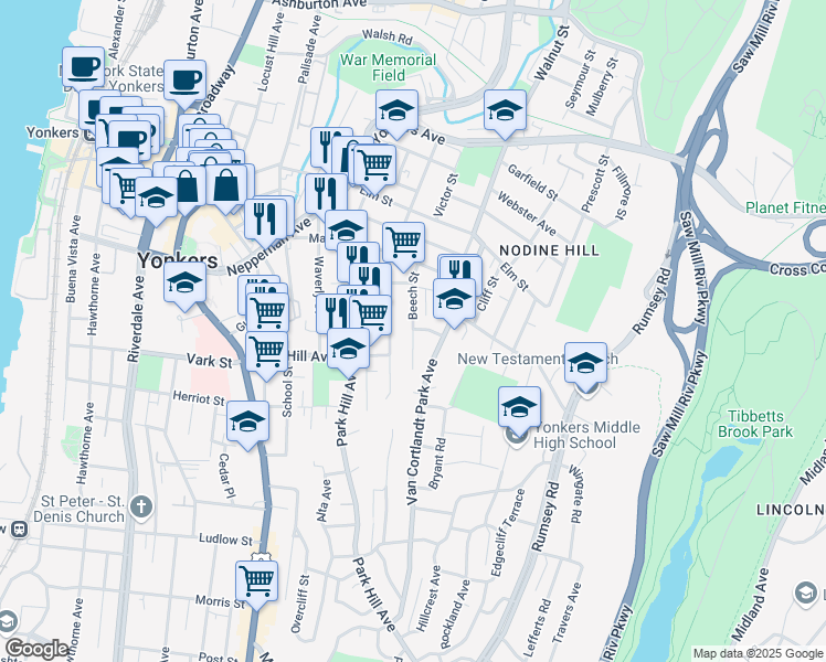 map of restaurants, bars, coffee shops, grocery stores, and more near Beech Street in Yonkers