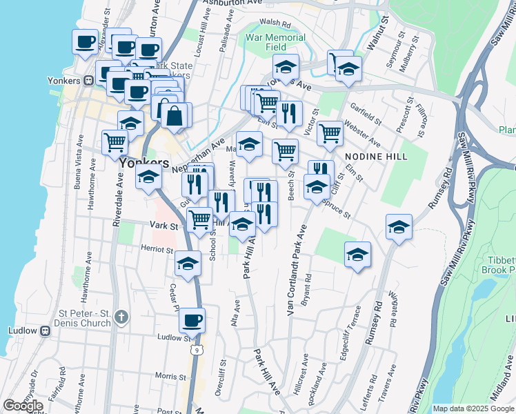 map of restaurants, bars, coffee shops, grocery stores, and more near 136 Willow Street in Yonkers