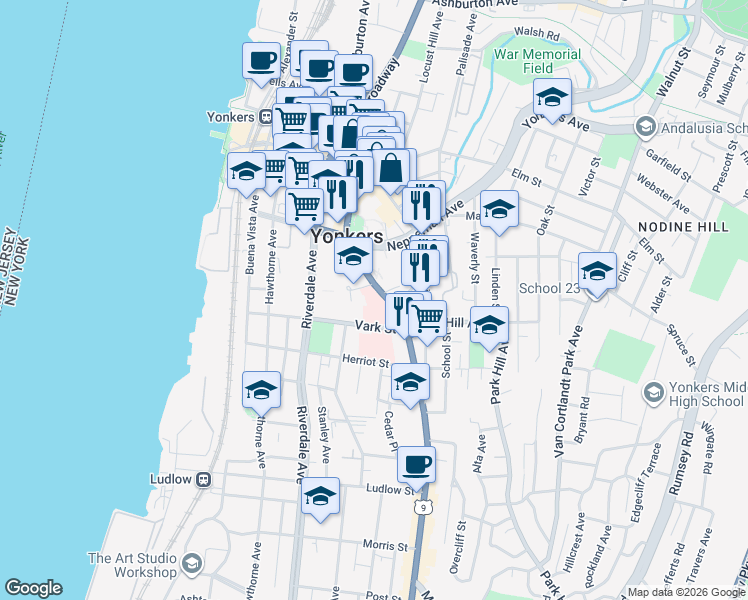 map of restaurants, bars, coffee shops, grocery stores, and more near 100 U.S. 9 in Yonkers