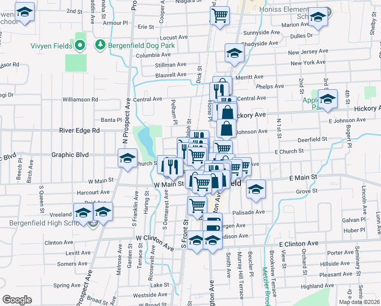 map of restaurants, bars, coffee shops, grocery stores, and more near 10-20 Annex Place in Bergenfield