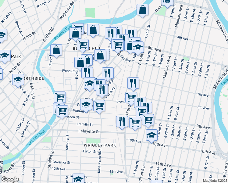 map of restaurants, bars, coffee shops, grocery stores, and more near in Paterson