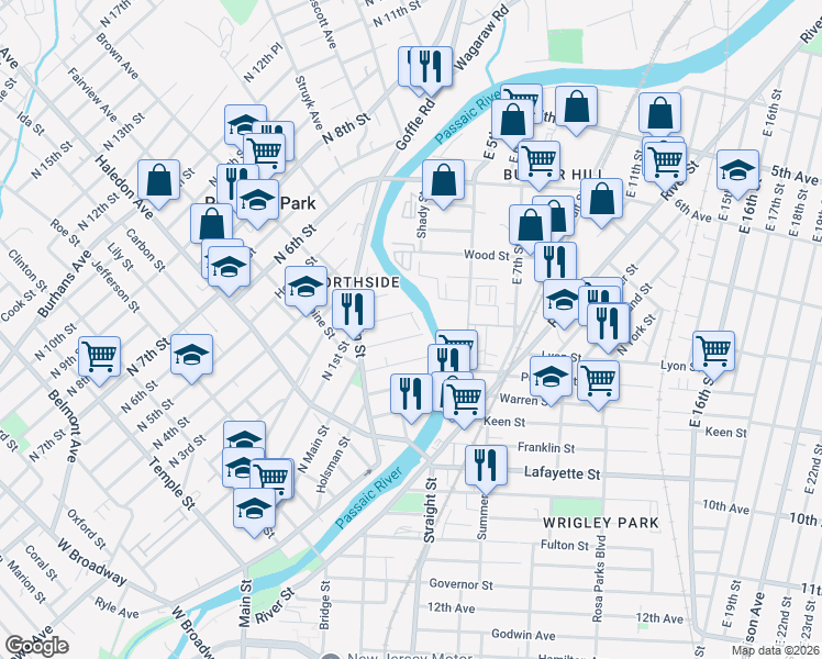 map of restaurants, bars, coffee shops, grocery stores, and more near 222 North 1st Street in Paterson