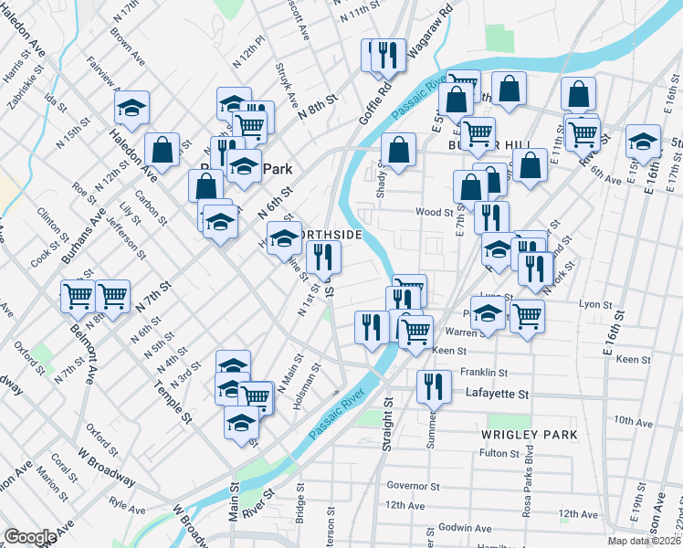 map of restaurants, bars, coffee shops, grocery stores, and more near 9 Amity Street in Paterson