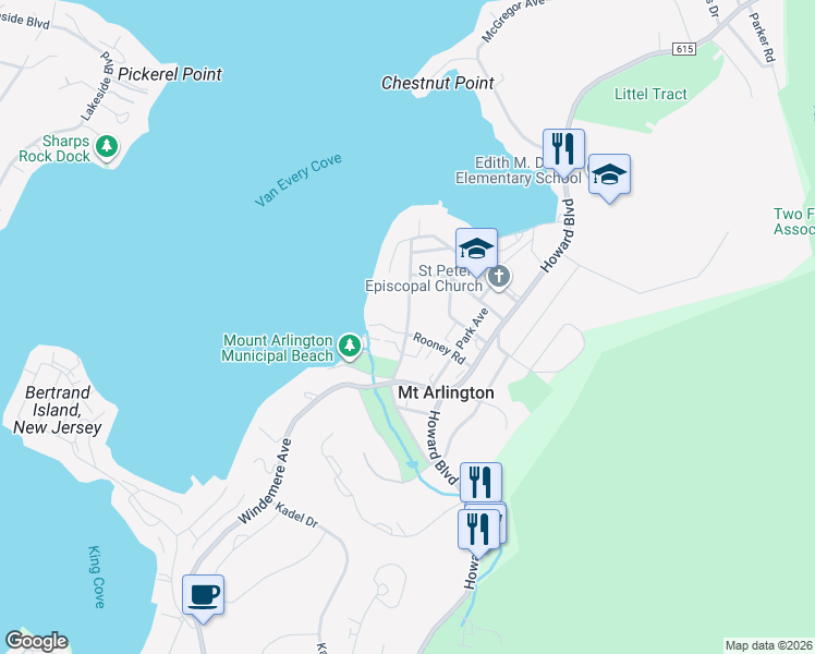 map of restaurants, bars, coffee shops, grocery stores, and more near 30 Windemere Avenue in Mount Arlington