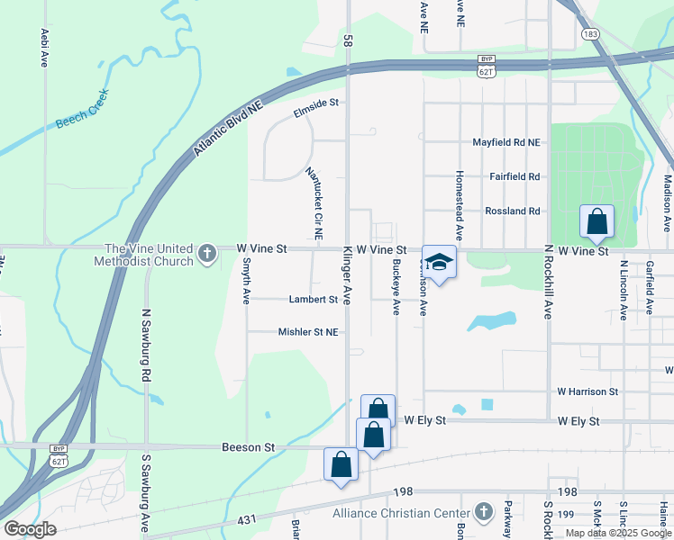 map of restaurants, bars, coffee shops, grocery stores, and more near 1350 Vine Street Northeast in Alliance