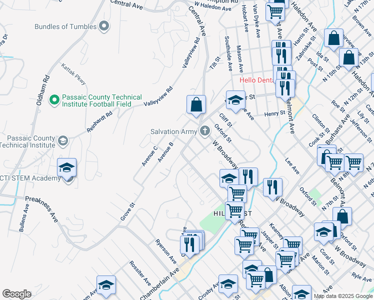 map of restaurants, bars, coffee shops, grocery stores, and more near 47 Katz Avenue in Paterson