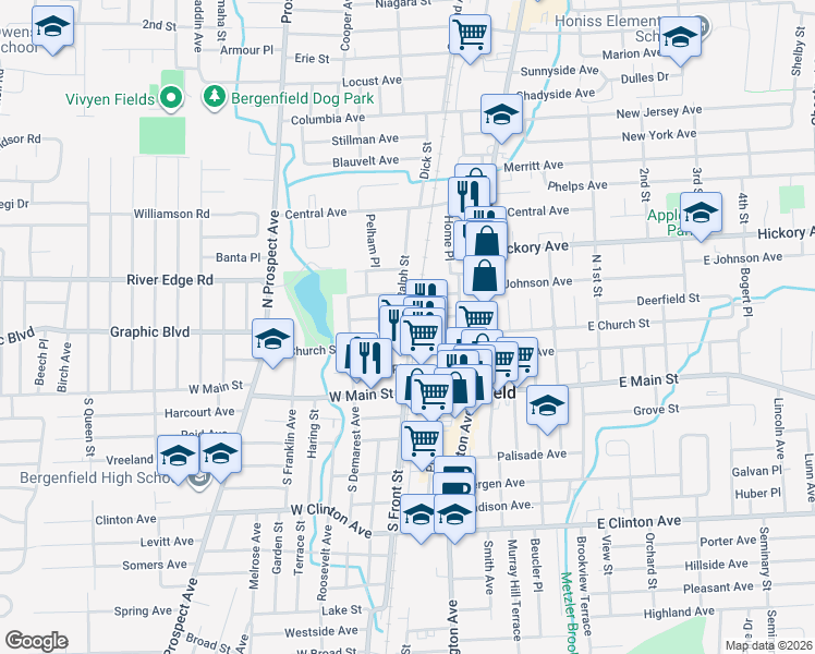 map of restaurants, bars, coffee shops, grocery stores, and more near 10-20 Annex Place in Bergenfield