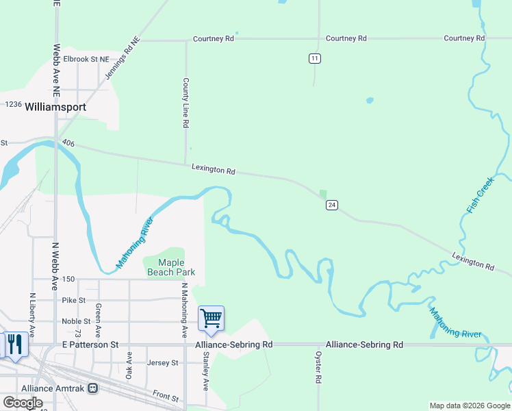 map of restaurants, bars, coffee shops, grocery stores, and more near 22707 Lexington Road in Alliance