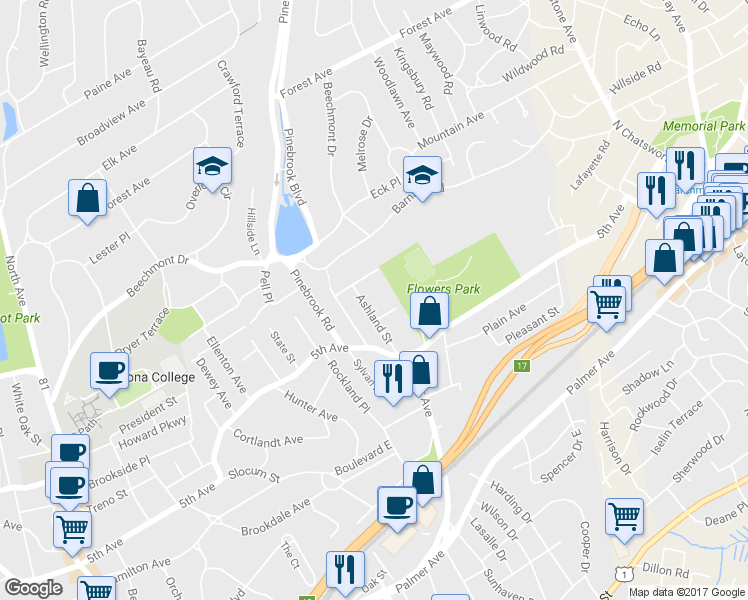 map of restaurants, bars, coffee shops, grocery stores, and more near 61 Ashland Street in New Rochelle