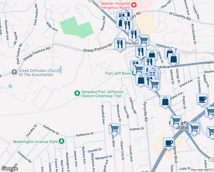 map of restaurants, bars, coffee shops, grocery stores, and more near 57 Piedmont Drive in Port Jefferson Station