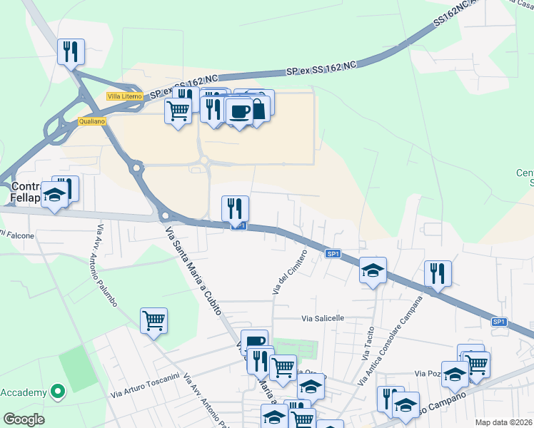 map of restaurants, bars, coffee shops, grocery stores, and more near 85 Via San Francesco a Patria in Qualiano