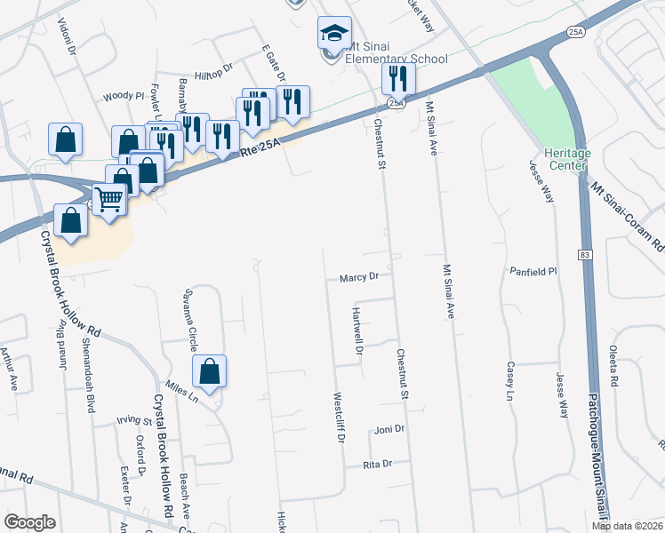map of restaurants, bars, coffee shops, grocery stores, and more near 79 Westcliff Drive in Mount Sinai