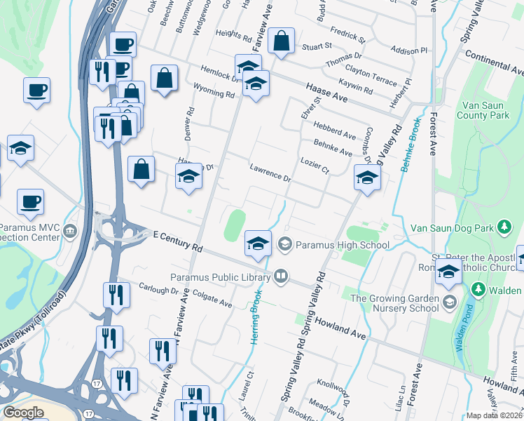 map of restaurants, bars, coffee shops, grocery stores, and more near 166 Halsey Street in Paramus