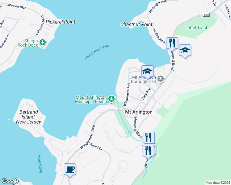 map of restaurants, bars, coffee shops, grocery stores, and more near 33 Windemere Avenue in Mount Arlington