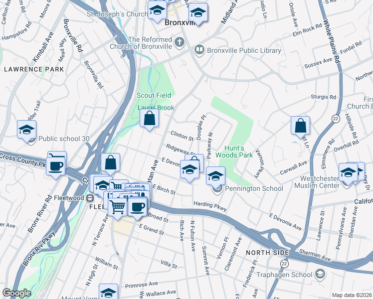 map of restaurants, bars, coffee shops, grocery stores, and more near 48 Clinton Street in Mount Vernon