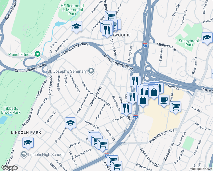 map of restaurants, bars, coffee shops, grocery stores, and more near 720 Mile Square Road in Yonkers