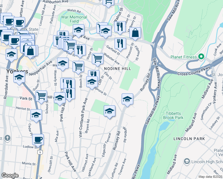 map of restaurants, bars, coffee shops, grocery stores, and more near 7 Alder Street in Yonkers